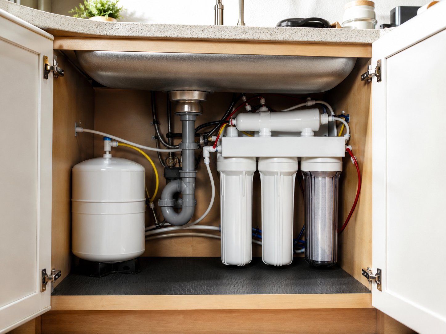 Under-sink filtration system with pressure accumulator