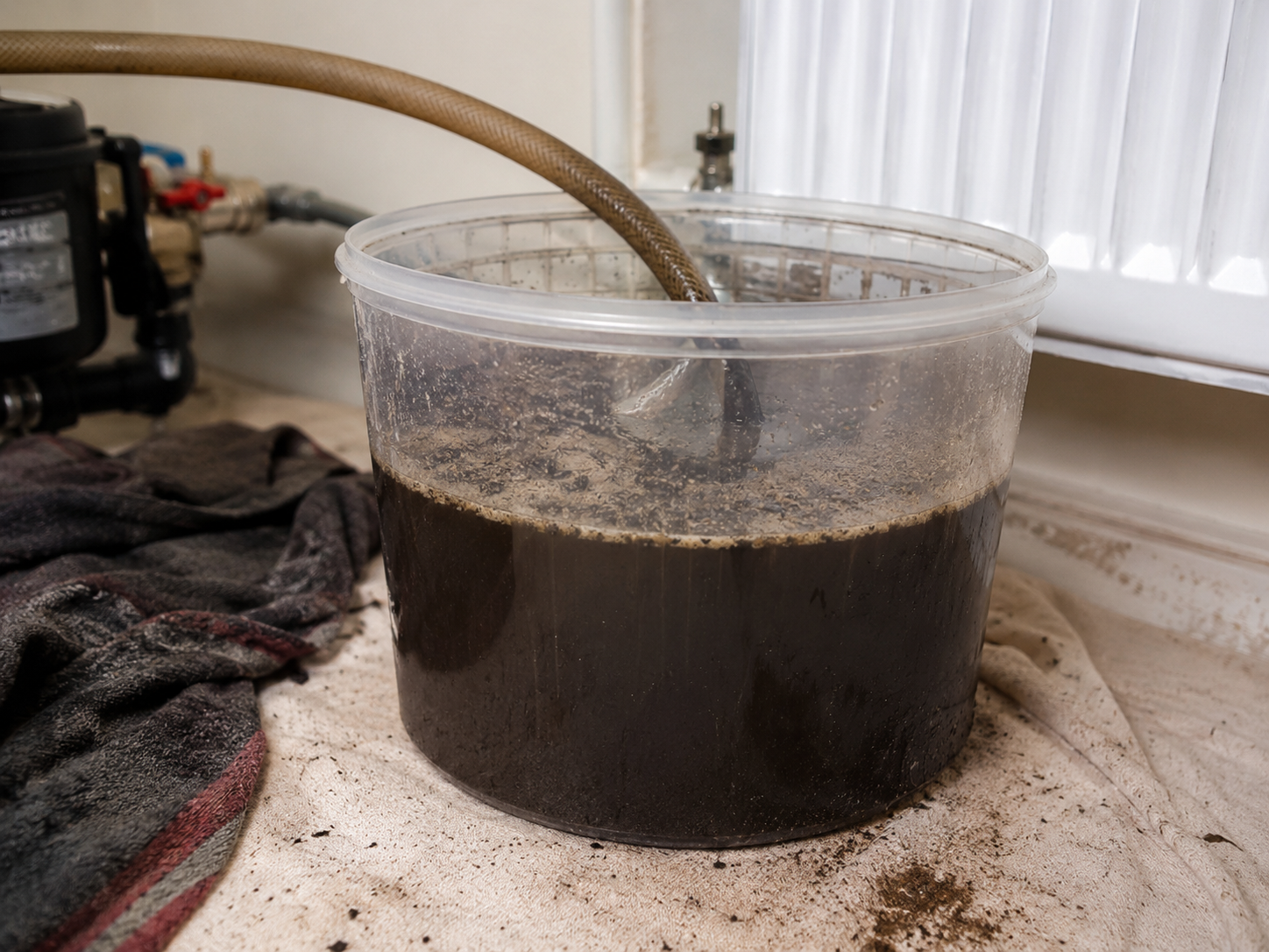 Dirty heating system water flushed from radiators showing sludge build-up
